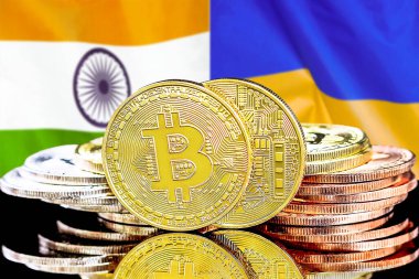 Hindistan ve Ukrayna bayrağının arka planında bitmadeni paralar. Hindistan ve Ukrayna 'daki kripto para birimi ve engelleme teknolojisi yatırımcıları için kavram