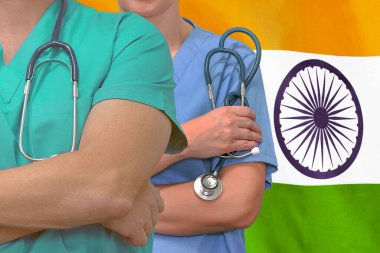 Hindistan bayrak geçmişi olan kadın ve erkek cerrahlar. Hindistan 'da profesyonel cerrahi. Hindistan 'daki tıbbi teknoloji araştırma enstitüsü ve doktor servis konsepti
