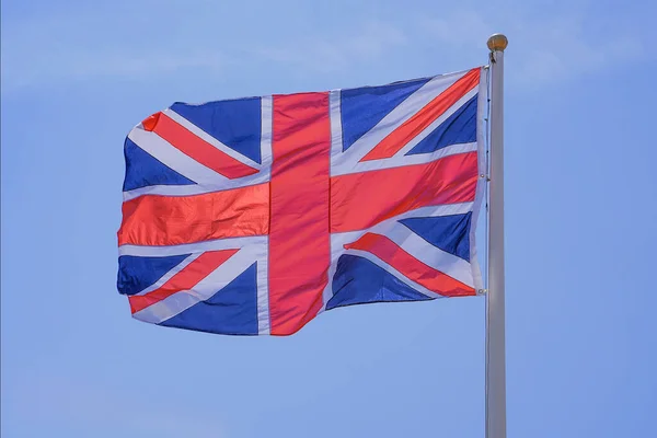 Great Britain Flag Waving Clean Blue Sky Close Flag Blue — Stock Photo, Image