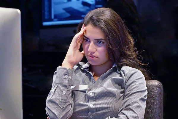 Portrait Stressed Overworked Office Woman Looking Computer Workplace Holding Head — Stock Fotó