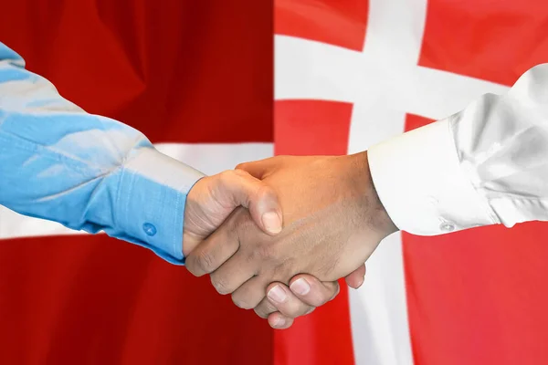 Business Handshake Background Two Flags Men Handshake Background Denmark Latvia — Zdjęcie stockowe