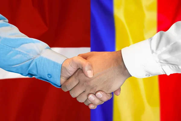 Business Handshake Background Two Flags Men Handshake Background Moldova Latvia — Stockfoto