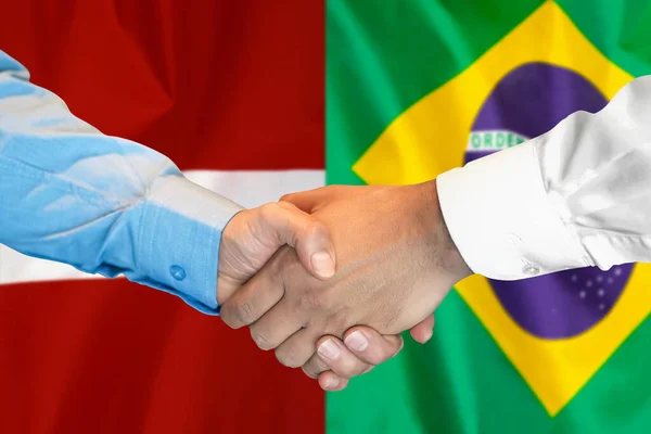 Business Handshake Background Two Flags Men Handshake Background Brazil Latvia — Stock Photo, Image