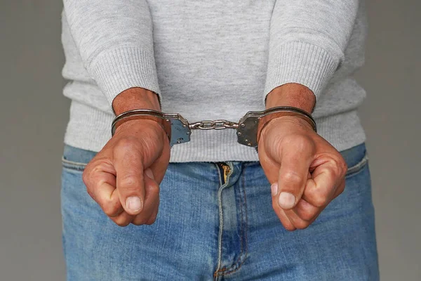 Arrested Man Handcuffed Hands Isolated Gray Background Businessman Office Handcuffs — 스톡 사진