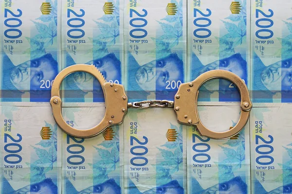 Esposas Fondo Del Dinero Israelí 200 Billetes Esposas Policiales Delito — Foto de Stock
