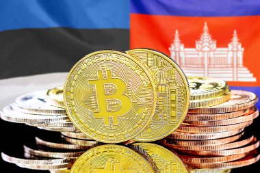 Estonya ve Kamboçya bayrağının arka planında bitcoinler. Estonya ve Kamboçya 'daki kripto para birimi ve engelleme teknolojisi yatırımcıları için kavram