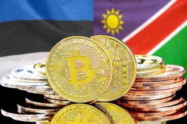 Estonya ve Namibya bayrağının arka planında bitcoinler var. Estonya ve Namibya 'daki kripto para birimi ve engelleme teknolojisi yatırımcıları için kavram