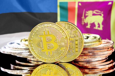 Estonya ve Sri Lanka bayrağının arka planında bitcoinler. Estonya ve Sri Lanka 'daki kripto para birimi ve engelleme teknolojisi yatırımcıları için kavram