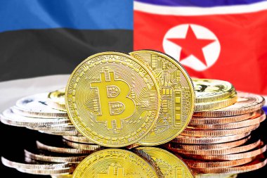 Estonya ve Kuzey Kore bayrağının arka planında bitcoinler. Estonya ve Kuzey Kore 'deki kripto para birimi ve engelleme teknolojisi yatırımcıları için kavram