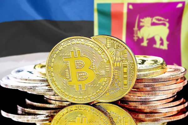 Estonya ve Sri Lanka bayrağının arka planında bitcoinler. Estonya ve Sri Lanka 'daki kripto para birimi ve engelleme teknolojisi yatırımcıları için kavram
