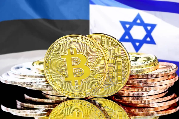 Estonya ve İsrail bayrağının arka planında bitcoinler. Estonya ve İsrail 'deki kripto para birimi ve engelleme teknolojisi yatırımcıları için kavram