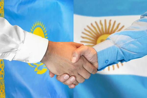 Business Handslag Bakgrunden Två Flaggor Män Handslag Bakgrund Kazakstan Och — Stockfoto