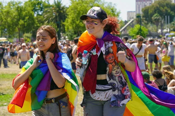 Portrét Dvou Lesbiček Přehlídce Gay Pride Každoroční Průvod Lgbt Průvod — Stock fotografie