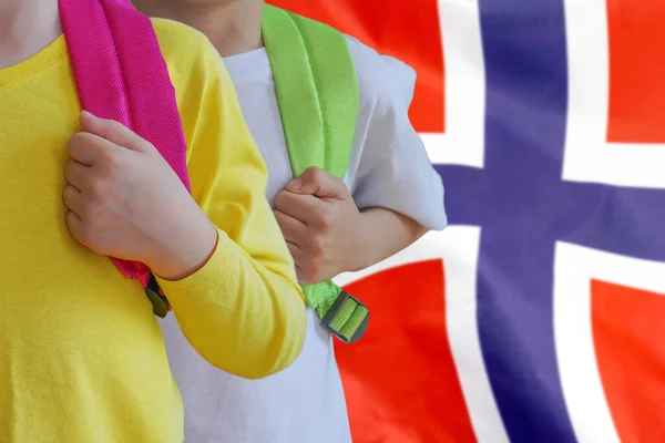 Two Children Satchels Background Norway Flag Concept Upbringing Educating Children — Stock Photo, Image