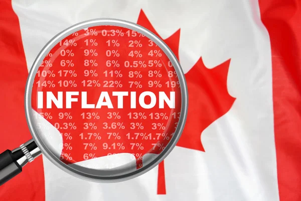 Büyüteç Kanada Bayrağı Arka Planındaki Enflasyon Kelimesine Odaklandı Faiz Artırımı — Stok fotoğraf