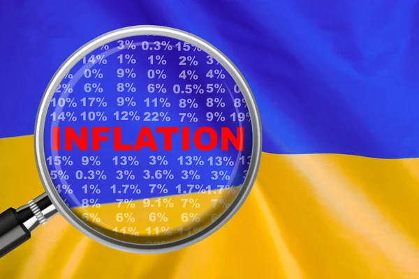 Büyüteç Ukrayna Bayrağı Arkaplanındaki Enflasyon Kelimesine Odaklandı Faiz Artırımı Enflasyon — Stok fotoğraf