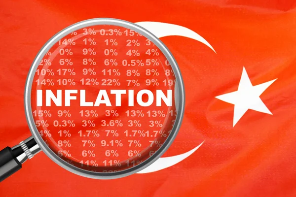 Büyüteç Enflasyon Sözcüğünün Türkiye Bayraklı Arka Planına Odaklandı Faiz Artırımı — Stok fotoğraf