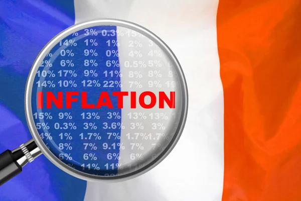 Büyüteç Enflasyon Sözcüğünün Fransa Bayraklı Arka Planına Odaklandı Faiz Artırımı — Stok fotoğraf