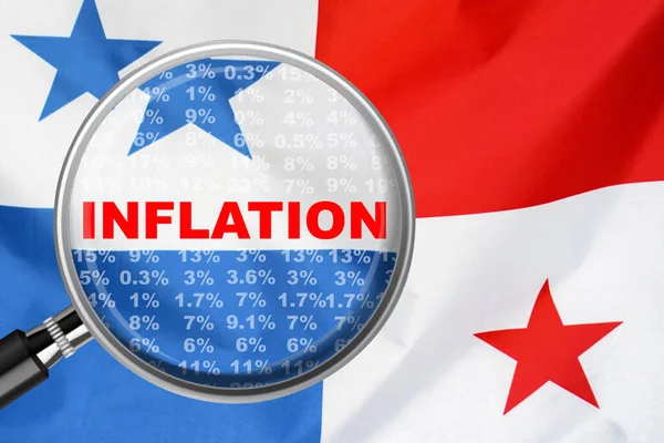 Büyüteç Panama Bayrağı Arkaplanındaki Enflasyon Kelimesine Odaklandı Faiz Artırımı Enflasyon — Stok fotoğraf