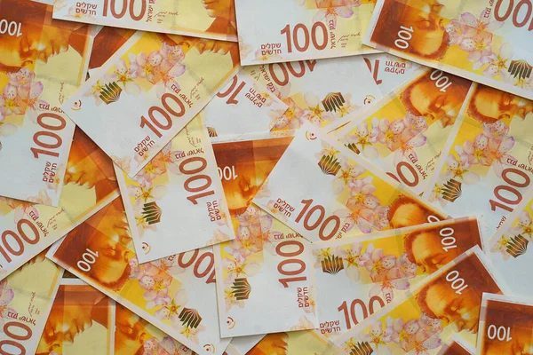 Top View Israel Money Background Pile 100 Shekel Cash Paper — Stockfoto