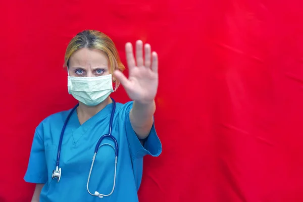 Female Doctor Hand Gesturing Stop Doctor Stop Hand Woman Doctor — Stockfoto