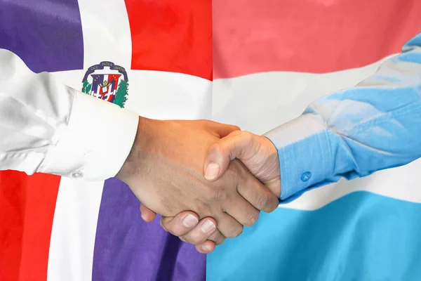 Business Handshake Background Two Flags Men Handshake Background Dominican Republic — Stock fotografie