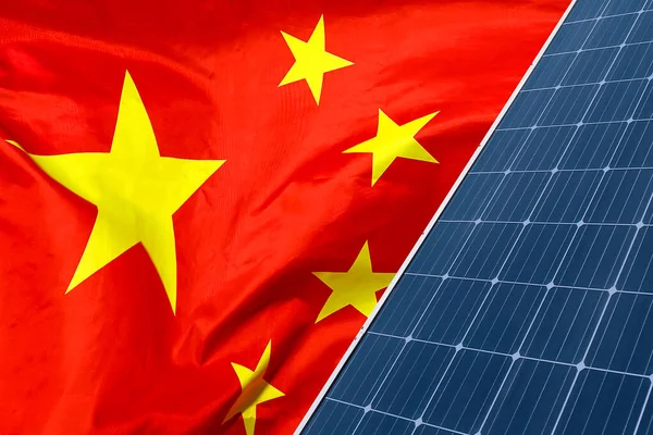 Solar panels against flag China background. Solar battery generates a pure electricity. Concept of sustainable resources and renewable energy in China