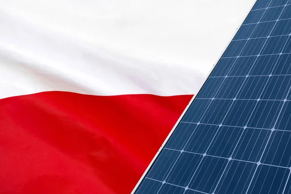 Solar Panels Flag Poland Background Solar Battery Generates Pure Electricity — 스톡 사진