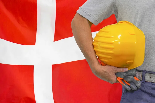 Close Hard Hat Holding Construction Worker Denmark Flag Background Hand —  Fotos de Stock