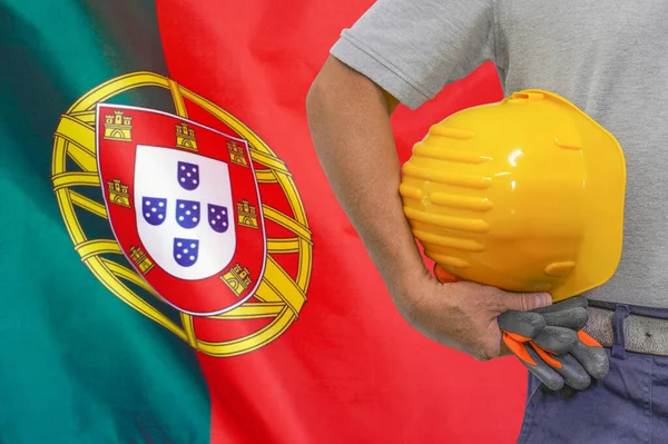 Close Hard Hat Holding Construction Worker Portugal Flag Background Hand — Zdjęcie stockowe