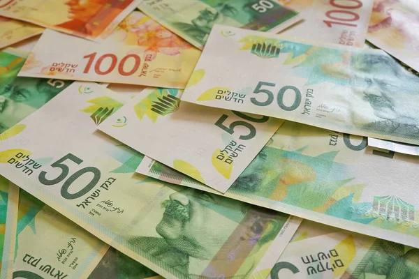 Israeli Money Stack New Israeli Money Bills Banknotes 100 Shekel — 스톡 사진