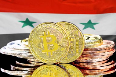Bitcoins on Syria flag background. Concept for investors in cryptocurrency and Blockchain technology in Syria