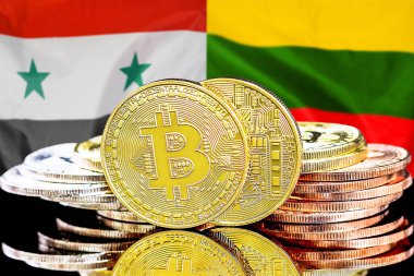 Bitcoins on flag Syria and Lithuania background. Concept for investors in cryptocurrency and Blockchain technology in Syria and Lithuania