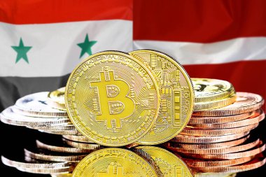 Bitcoins on flag Syria and Latvia background. Concept for investors in cryptocurrency and Blockchain technology in Syria and Latvia