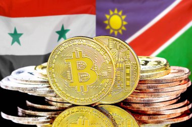 Bitcoins on flag Syria and Namibia background. Concept for investors in cryptocurrency and Blockchain technology in Syria and Namibia