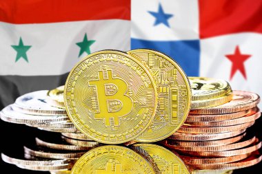 Bitcoins on flag Syria and Panama background. Concept for investors in cryptocurrency and Blockchain technology in Syria and Panama