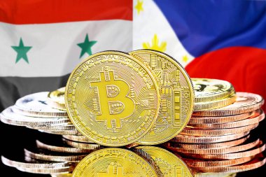 Bitcoins on flag Syria and Philippines background. Concept for investors in cryptocurrency and Blockchain technology in Syria and Philippines