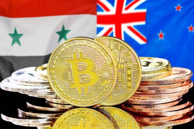 Bitcoins on flag Syria and New Zealand background. Concept for investors in cryptocurrency and Blockchain technology in Syria and New Zealand