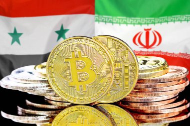 Bitcoins on flag Syria and Iran background. Concept for investors in cryptocurrency and Blockchain technology in Syria and Iran