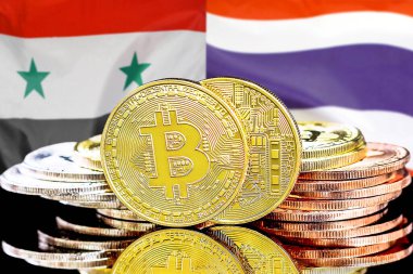 Bitcoins on flag Syria and Thailand background. Concept for investors in cryptocurrency and Blockchain technology in Syria and Thailand