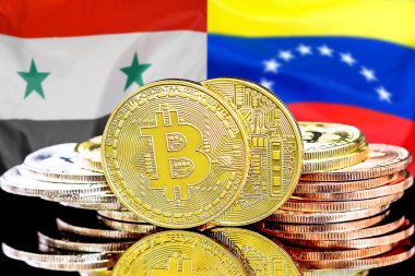 Bitcoins on flag Syria and Venezuela background. Concept for investors in cryptocurrency and Blockchain technology in Syria and Venezuela