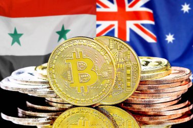 Bitcoins on flag Syria and Australia background. Concept for investors in cryptocurrency and Blockchain technology in Syria and Australia