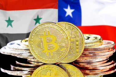 Bitcoins on flag Syria and Chile background. Concept for investors in cryptocurrency and Blockchain technology in Syria and Chile