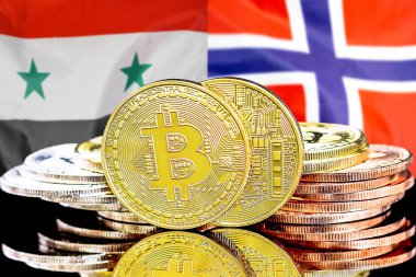 Bitcoins on flag Syria and Norway background. Concept for investors in cryptocurrency and Blockchain technology in Syria and Norway