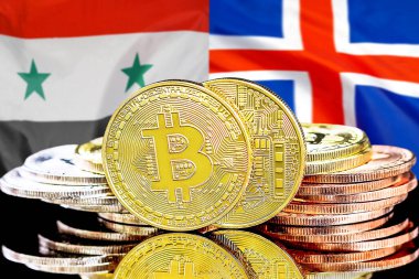 Bitcoins on flag Syria and Iceland background. Concept for investors in cryptocurrency and Blockchain technology in Syria and Iceland