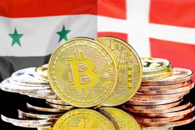 Bitcoins on flag Syria and Denmark background. Concept for investors in cryptocurrency and Blockchain technology in Syria and Denmark