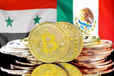 Bitcoins on flag Syria and Mexico background. Concept for investors in cryptocurrency and Blockchain technology in Syria and Mexico