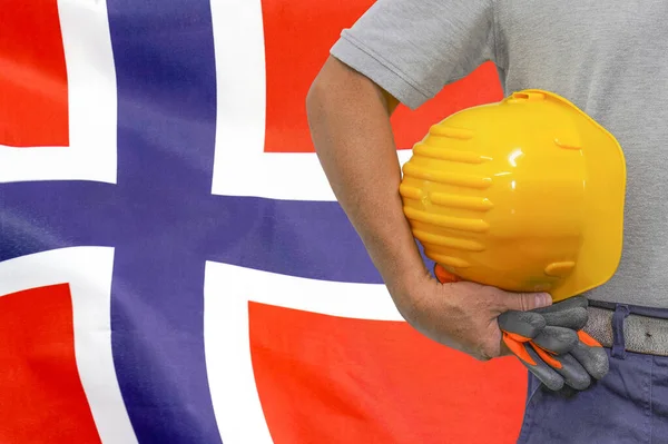 Close Hard Hat Holding Construction Worker Norway Flag Background Hand — Zdjęcie stockowe