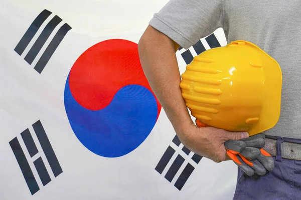 Close Hard Hat Holding Construction Worker South Korea Flag Background — 스톡 사진