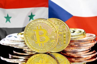 Bitcoins on flag Syria and Czech Republic background. Concept for investors in cryptocurrency and Blockchain technology in Syria and Czech Republic